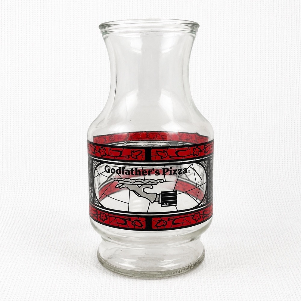 Vintage‎ Godfathers Pizza Coca-Cola Glass Carafe Pitcher Stained Glass 20oz USA